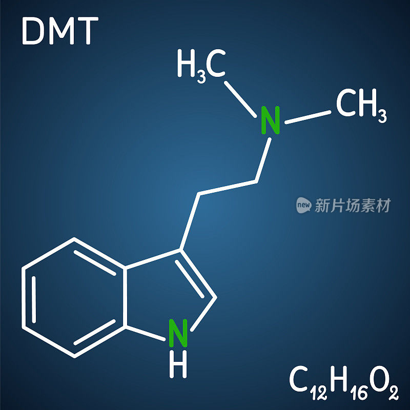 N,N-二甲基色胺，二甲基色胺，DMT分子。它是色胺生物碱，吲哚胺衍生物，5 -羟色胺能致幻剂。深蓝色背景上的结构化学式